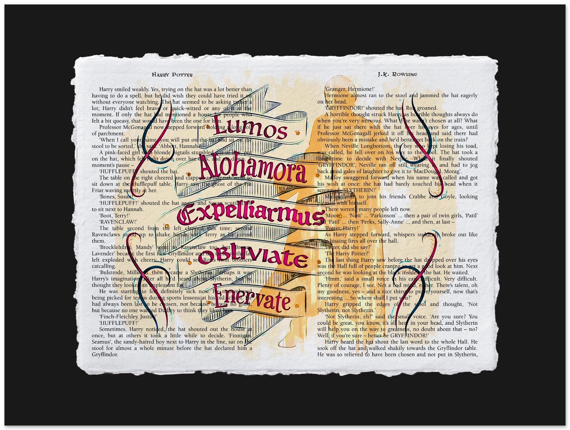 Magical spellbook with text and wand on a black background
