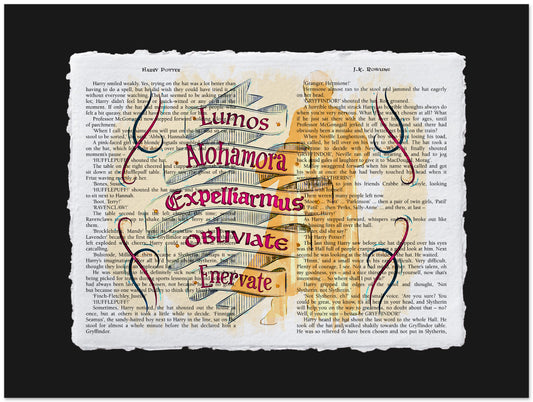 Magical spellbook with text and wand on a black background