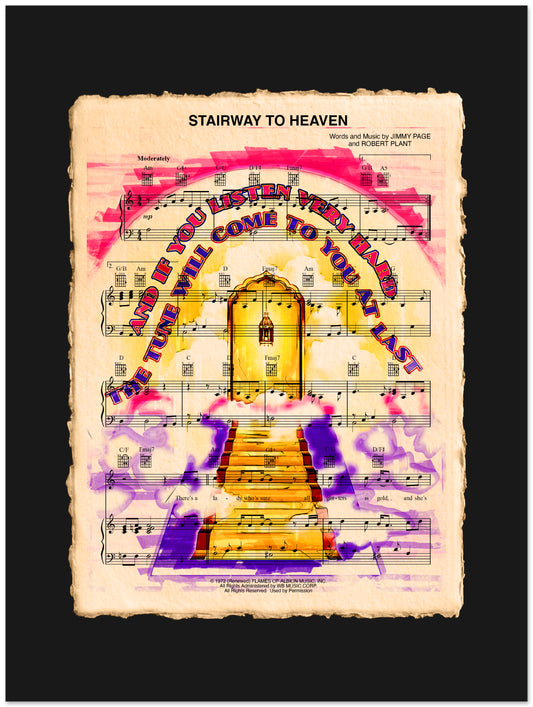 Sheet music for 'Stairway to Heaven' with colorful abstract design on a black background