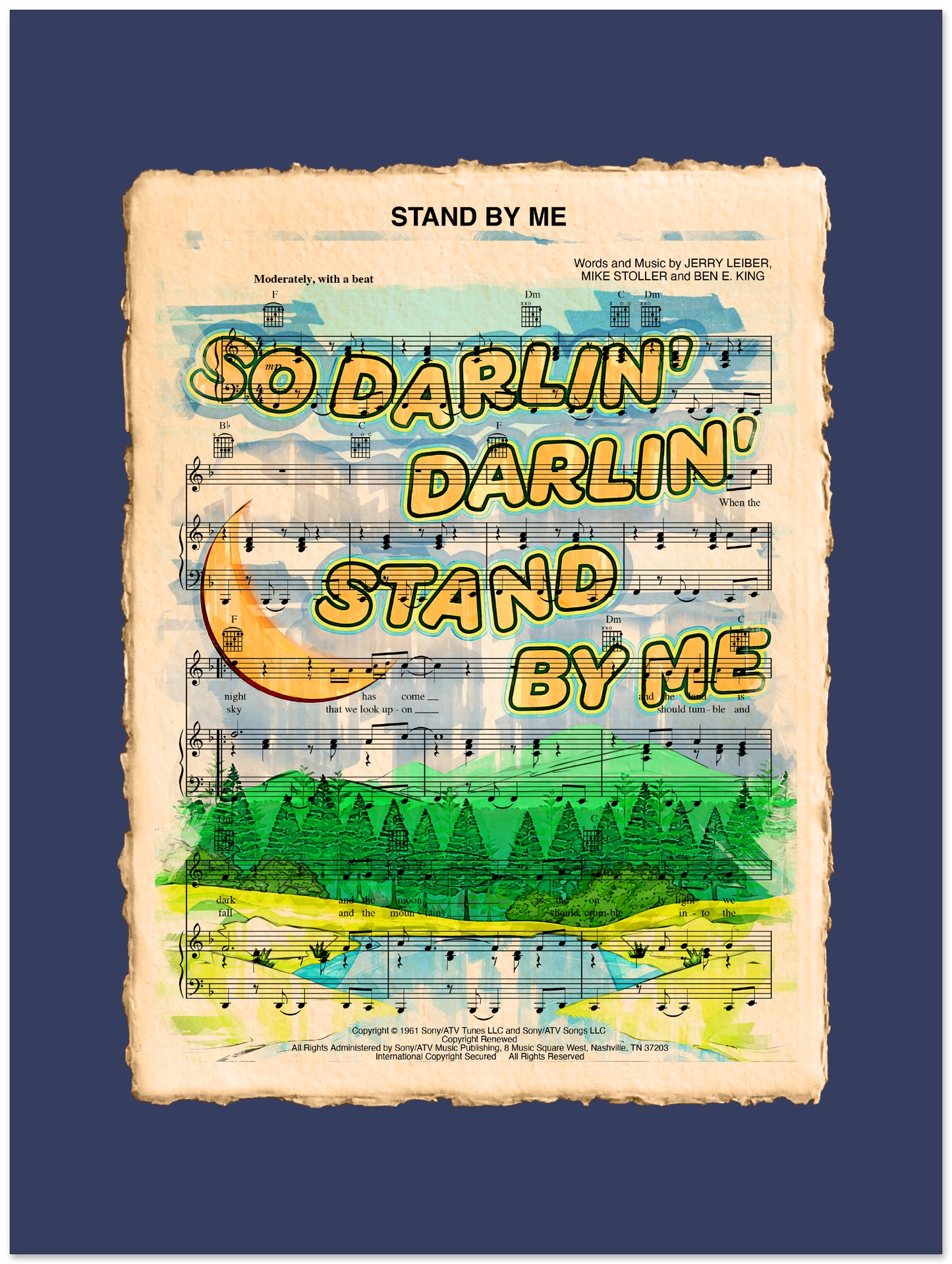 Sheet music cover with 'So Darlin' Darlin' Stand By Me' text and nature illustration on a blue background