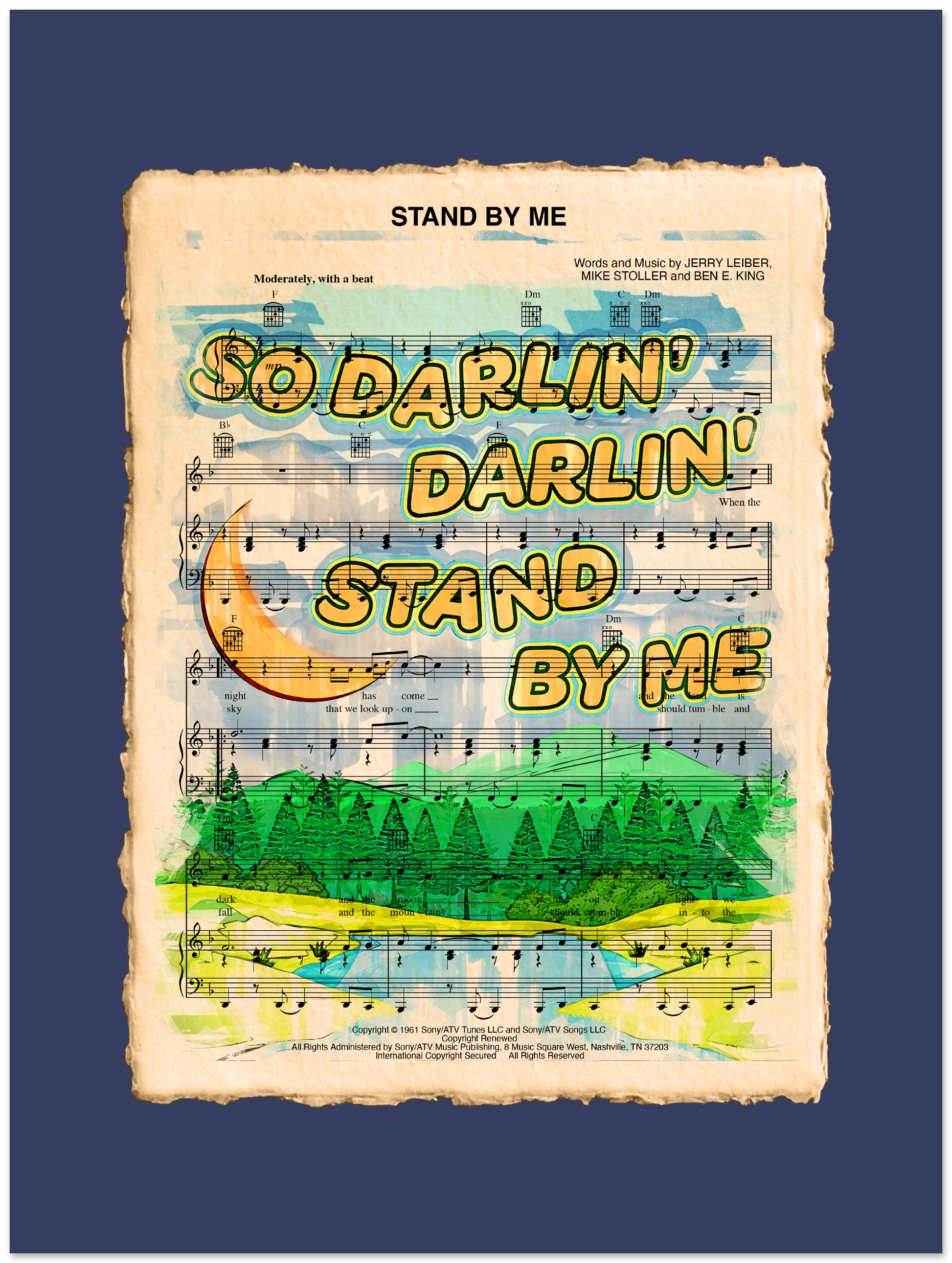 Sheet music cover with 'So Darlin' Darlin' Stand By Me' text and nature illustration on a blue background