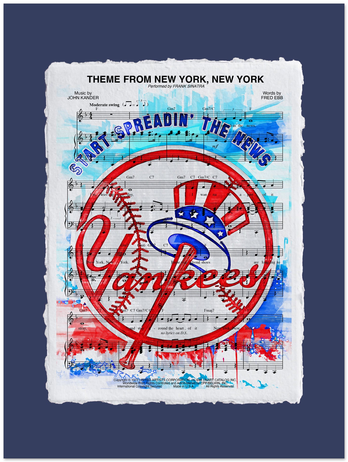 Yankees logo with sheet music background on a blue background