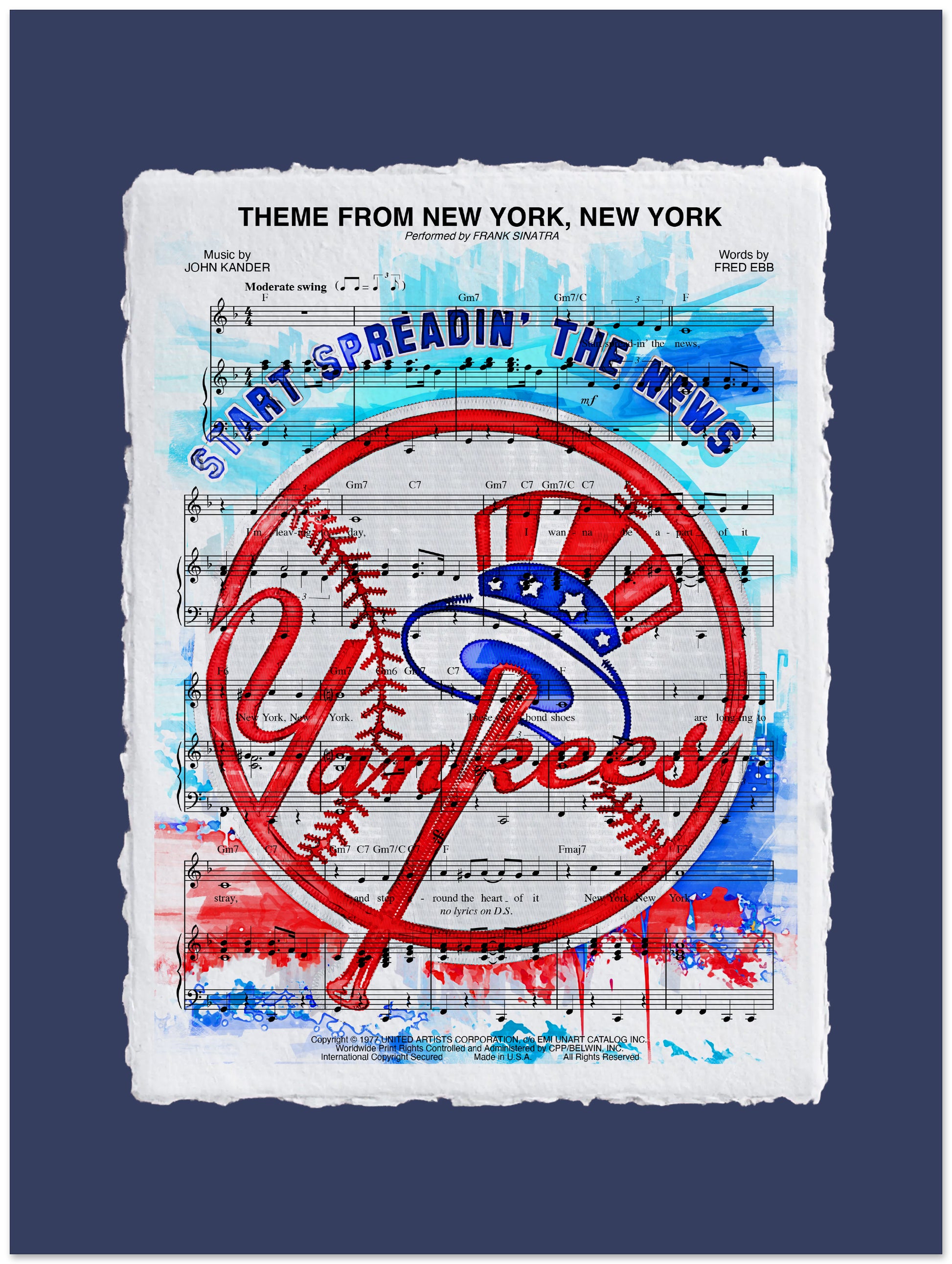 Yankees logo with sheet music background on a blue background