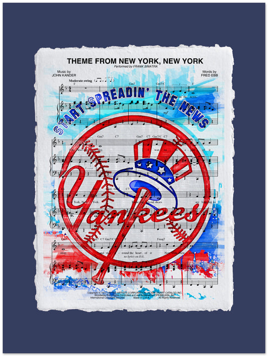 Yankees logo with sheet music background on a blue background