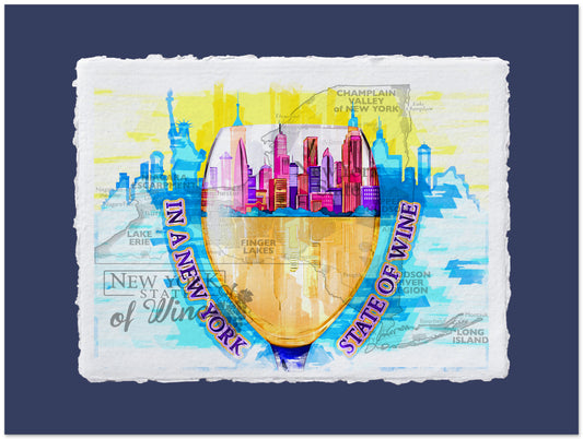 Colorful illustration of a city skyline with 'New York State of Wine' text on a blue background