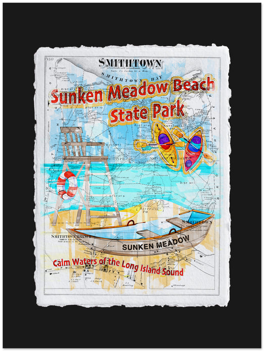 Map of Smithtown with 'Sunken Meadow Beach State Park' text and illustrations.