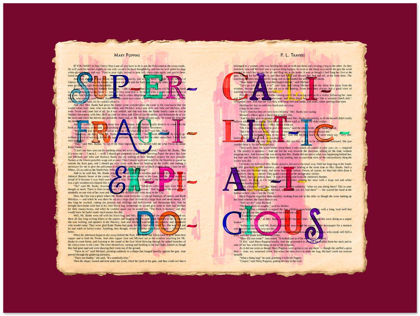 Colorful text on a vintage book page against a red background