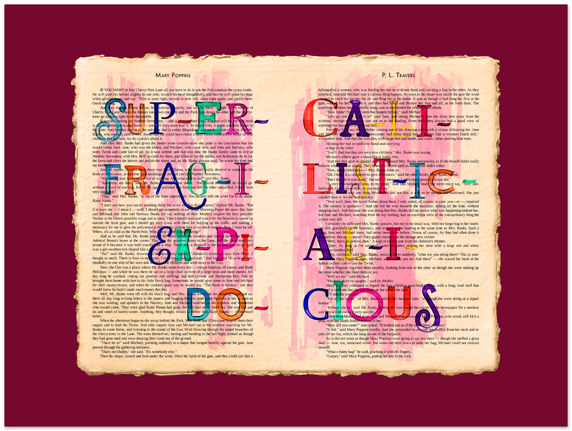 Colorful text on a vintage book page against a red background