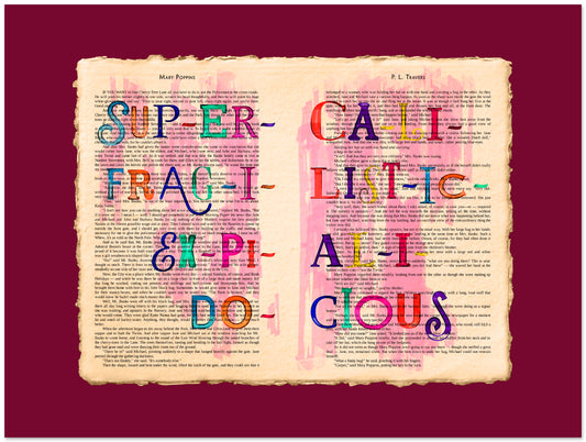Colorful text on a vintage book page against a red background