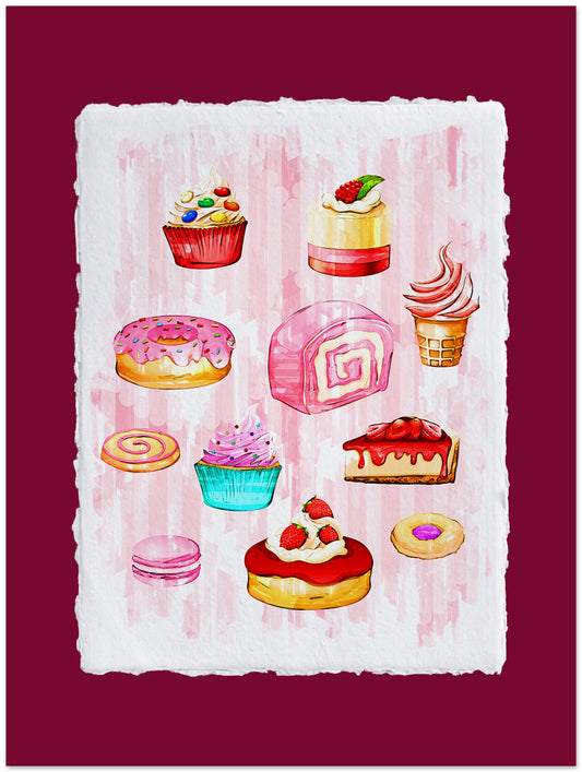 Illustrations of various pastries on a textured pink background