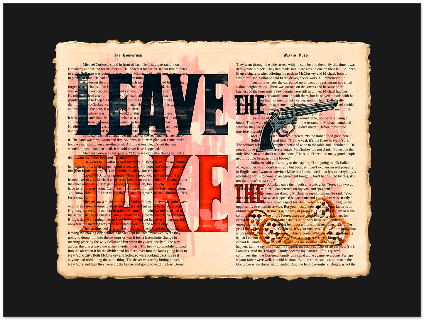Vintage-style poster with a 'LEAVE THE GUN TAKE THE CANNOLI' illustration on a black background.