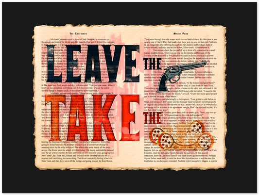 Vintage-style poster with a 'LEAVE THE GUN TAKE THE CANNOLI' illustration on a black background.