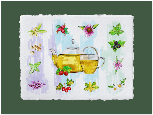 Tea-themed placemat with teacup, teapot, and herbs on a green background