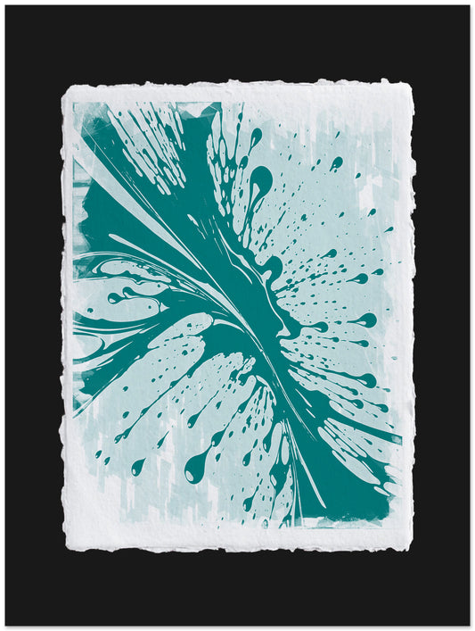 Abstract teal design on textured white paper with a black border