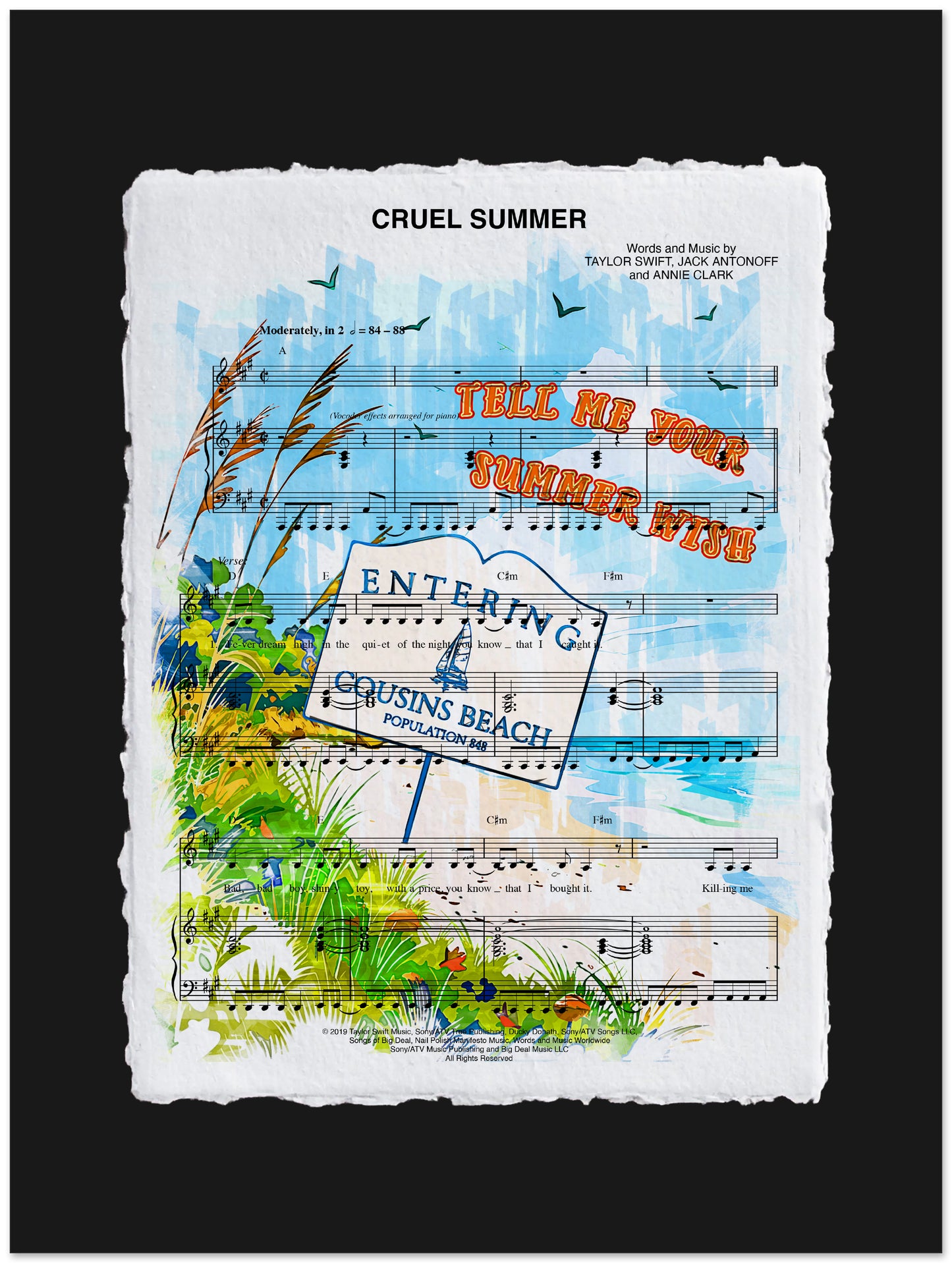 Sheet music with artistic elements and text on a black background