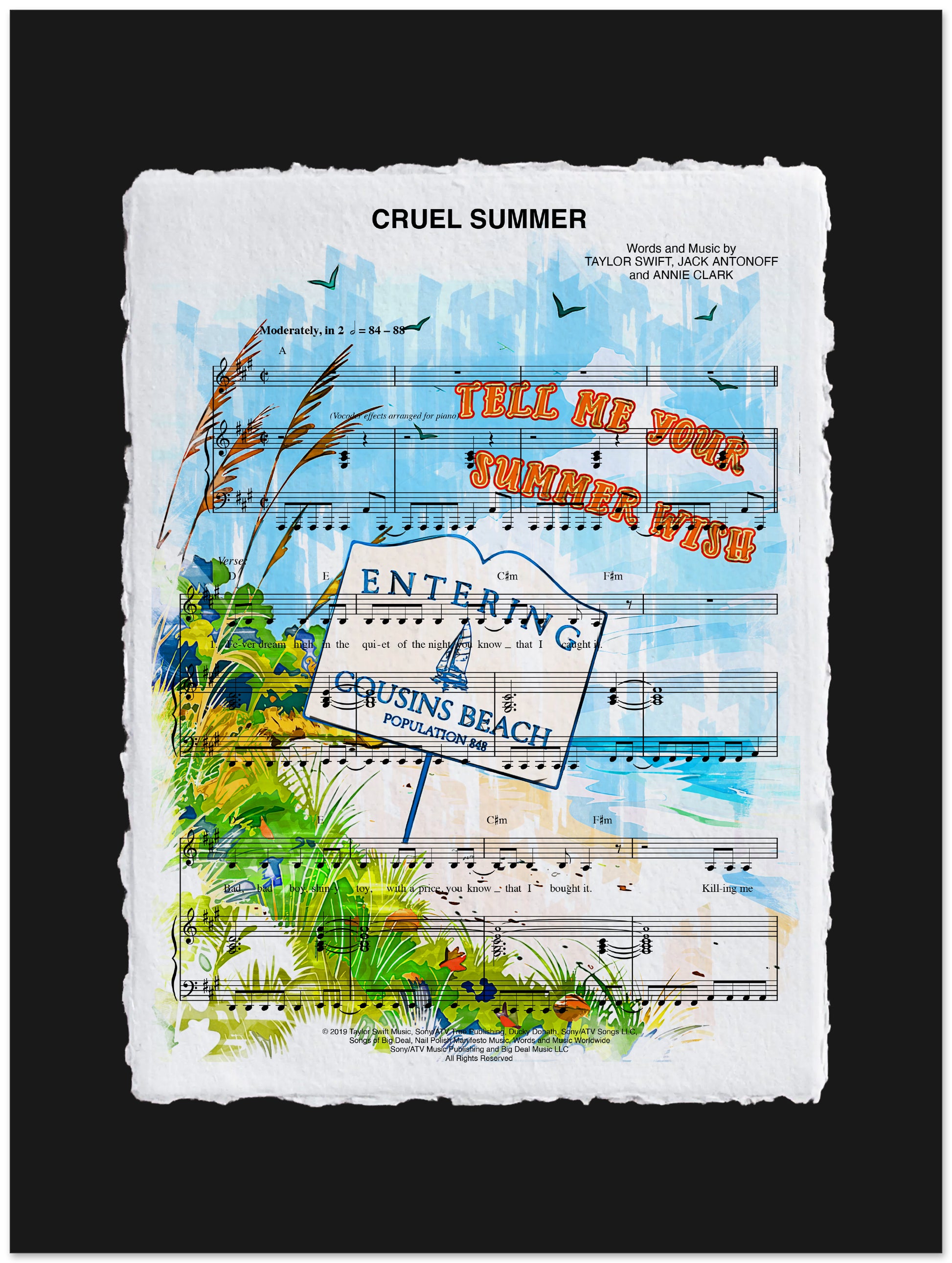 Sheet music with artistic elements and text on a black background