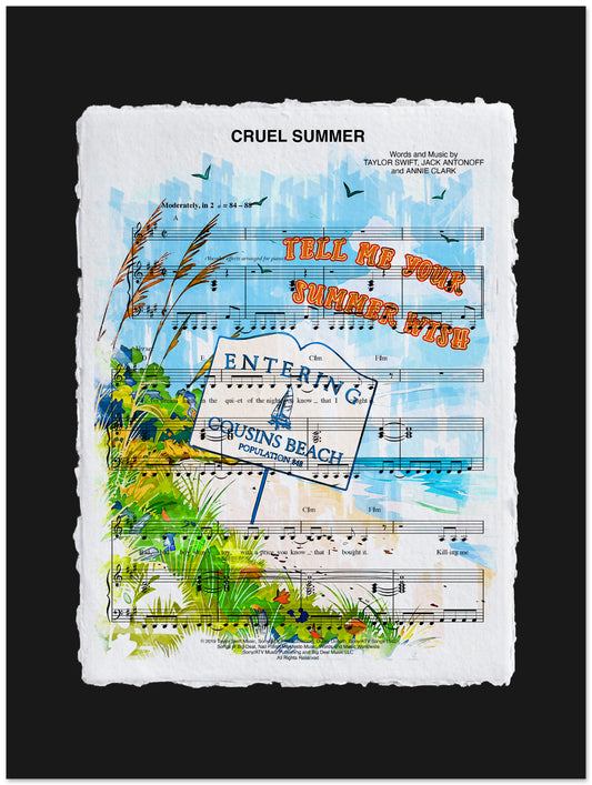 Sheet music with artistic elements and text on a black background