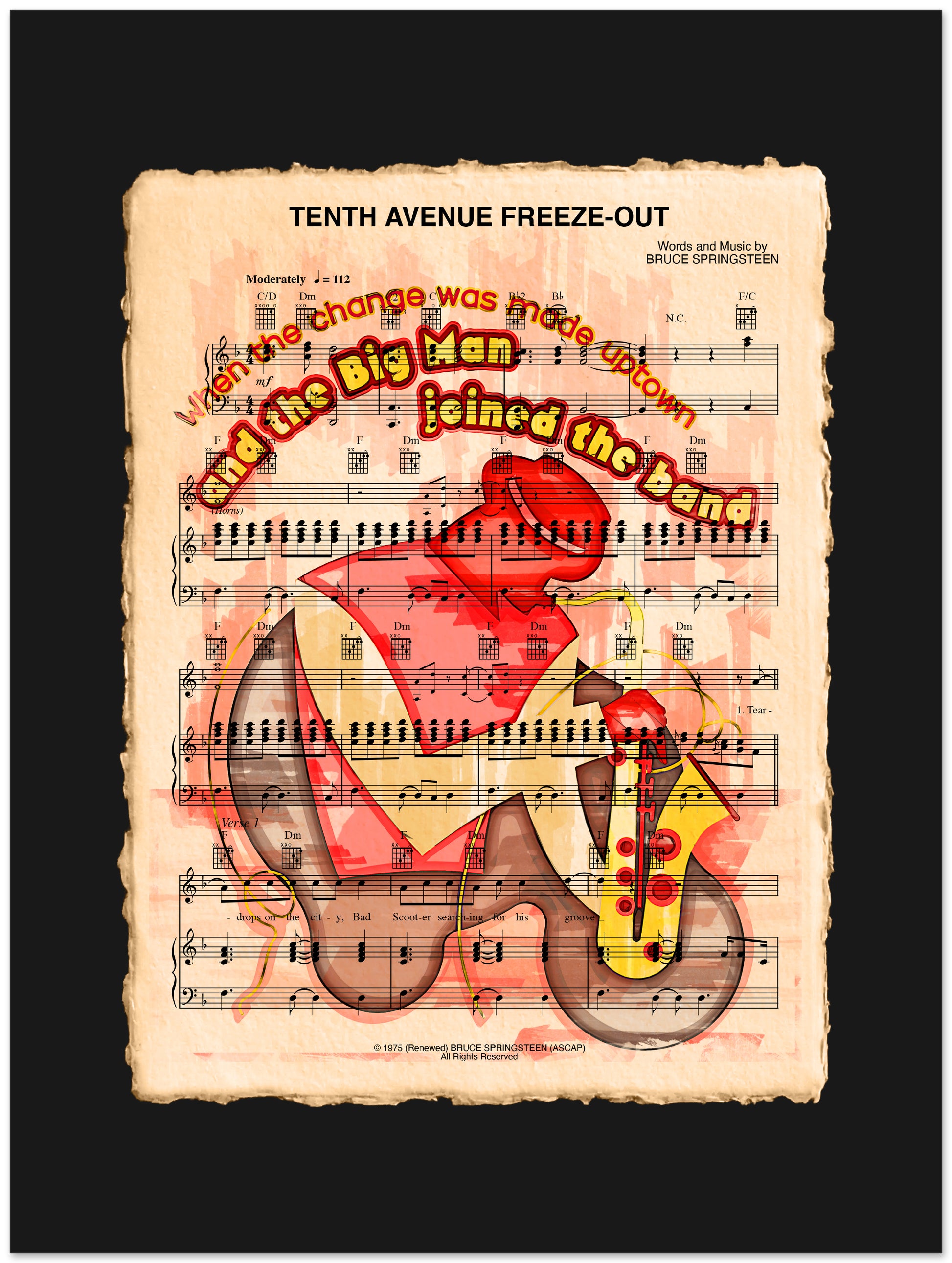 Sheet music cover with saxophone illustration and text overlay on a black background
