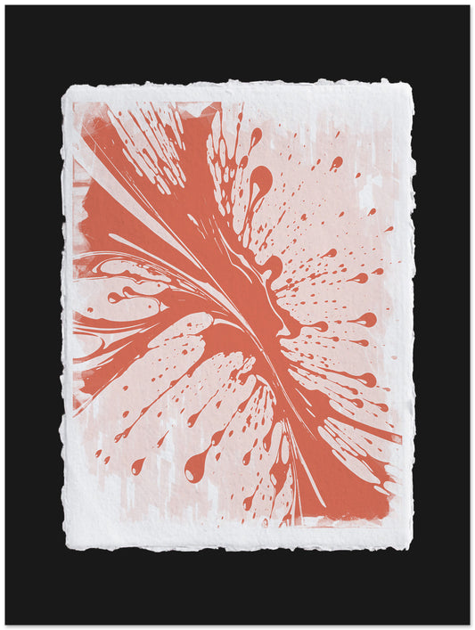Artistic depiction of a splash with red and white abstract patterns on a black background