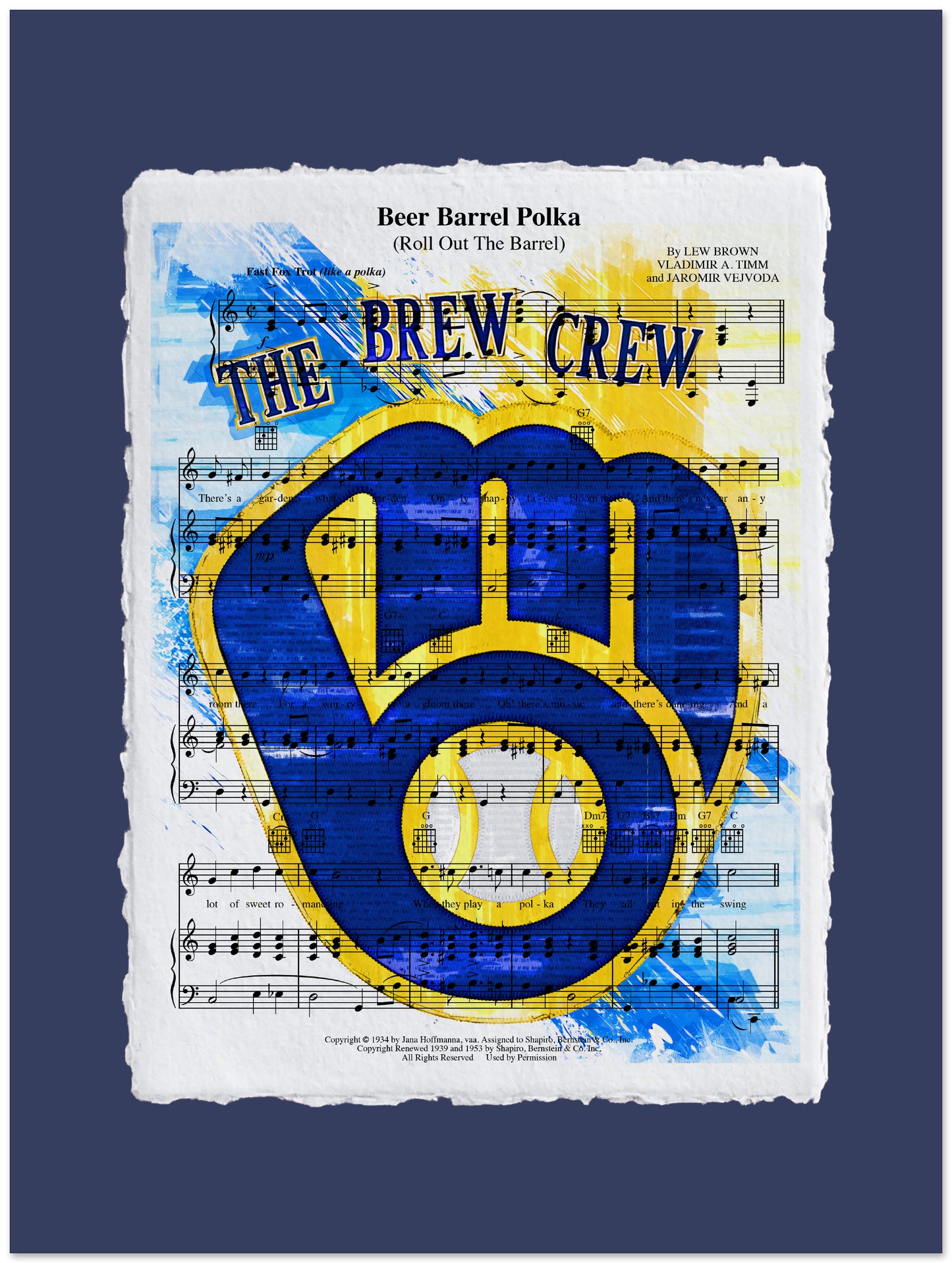 Sheet music with 'The Brew Crew' logo and text on a blue background