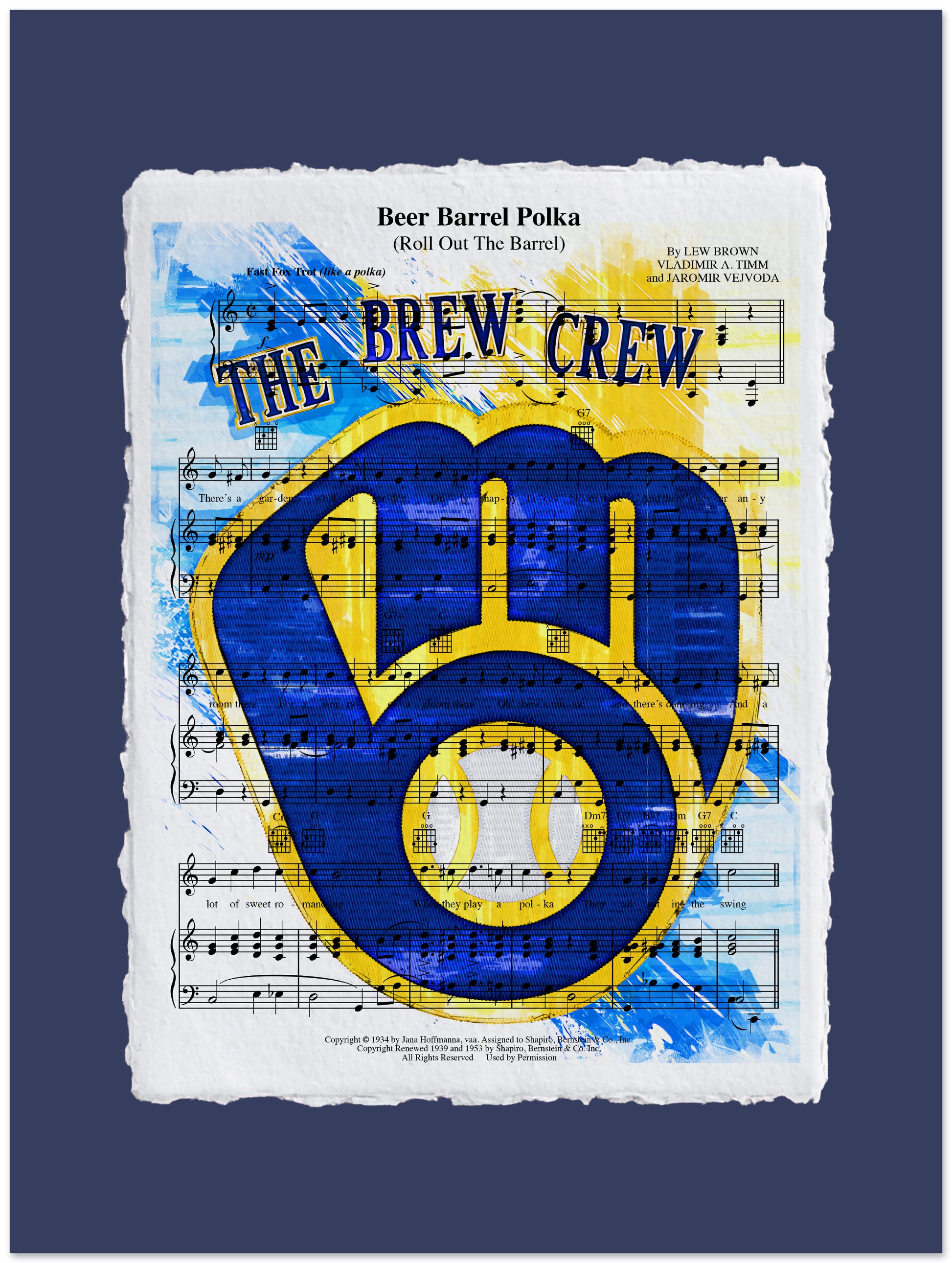 Sheet music with 'The Brew Crew' logo and text on a blue background