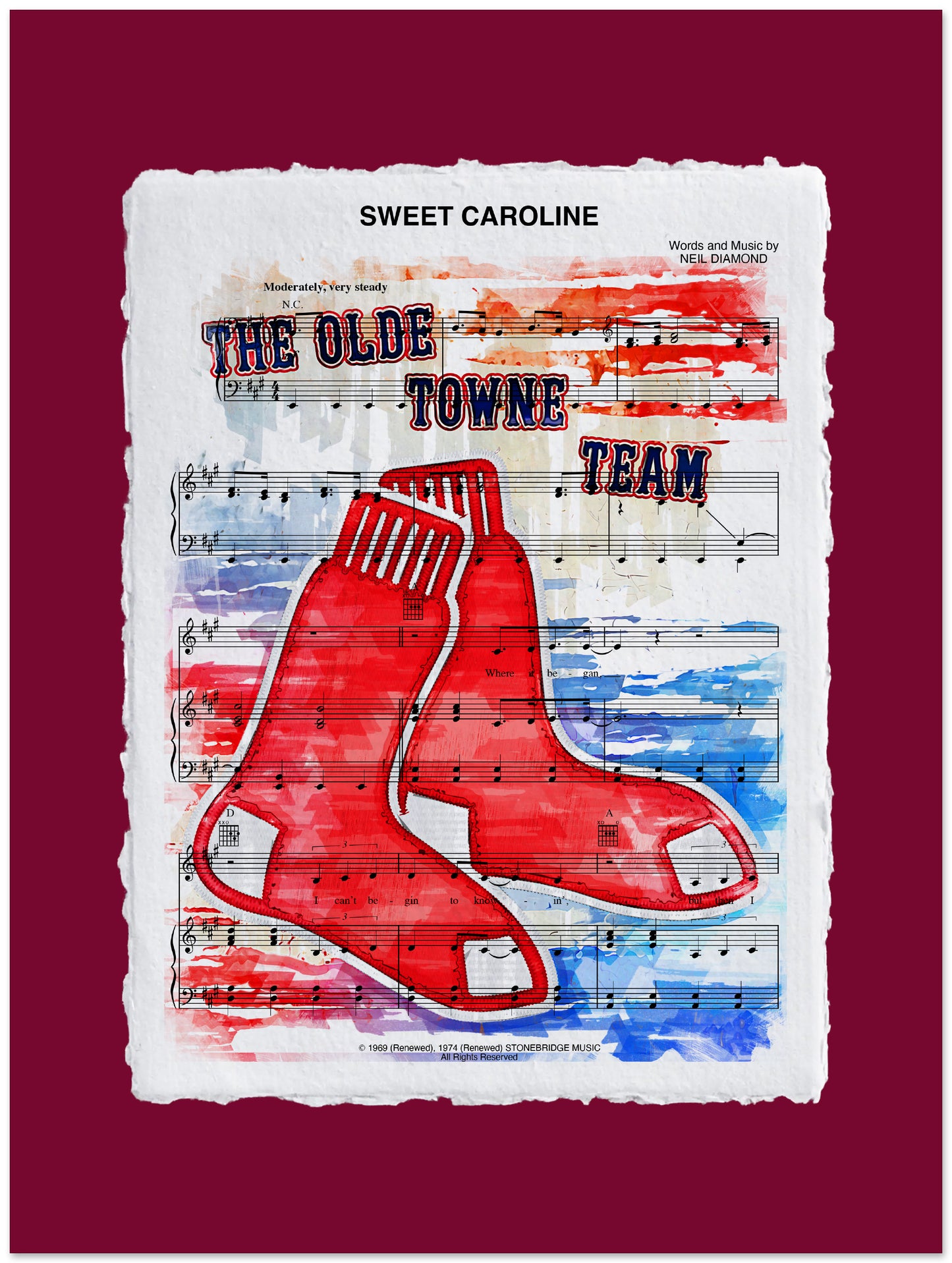Sheet music cover for 'Sweet Caroline' by The Olde Towne Team with red socks design on a maroon background.