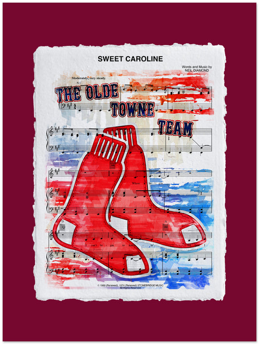 Sheet music cover for 'Sweet Caroline' by The Olde Towne Team with red socks design on a maroon background.