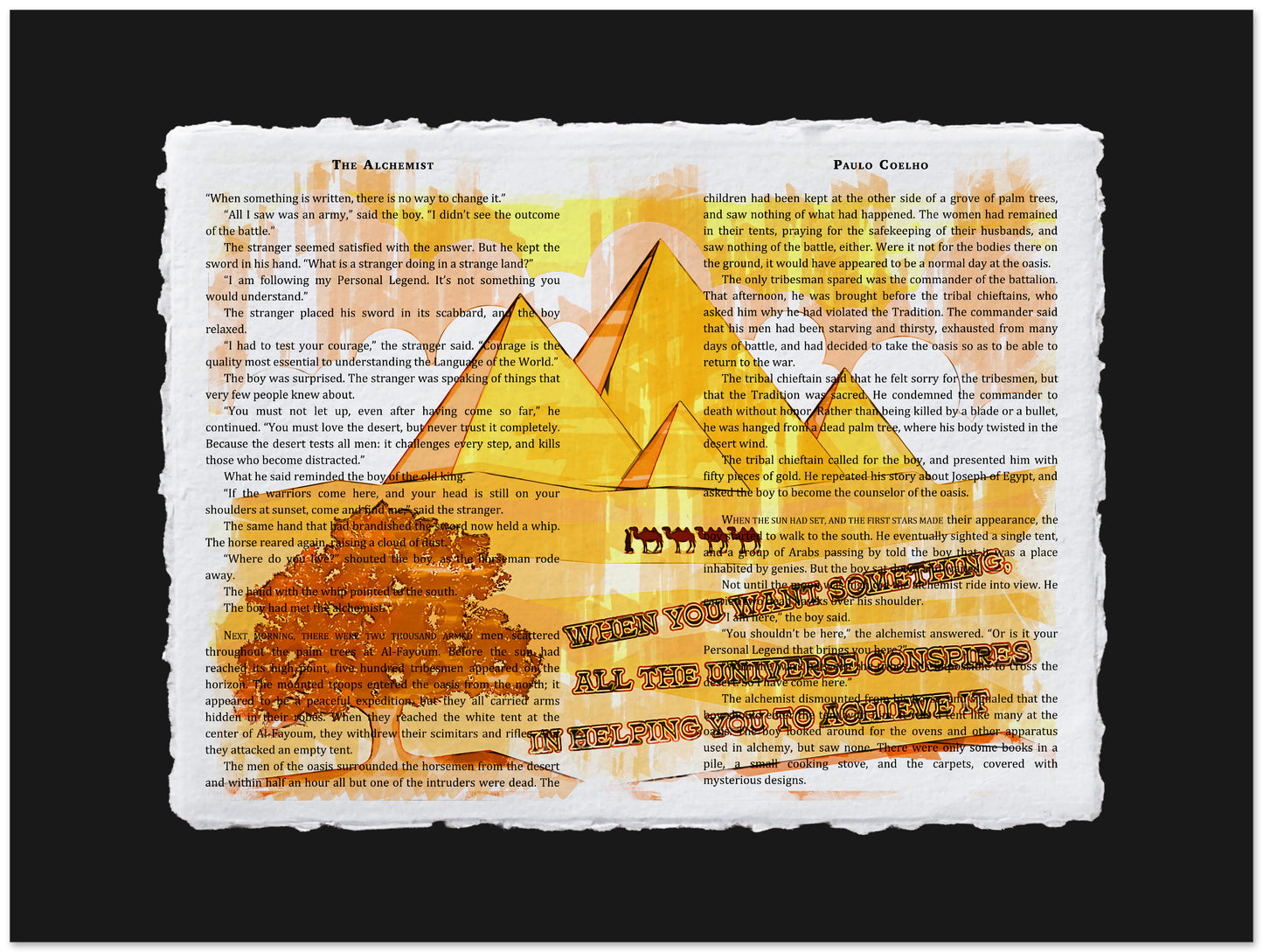 Textual design with pyramid illustration on a black background