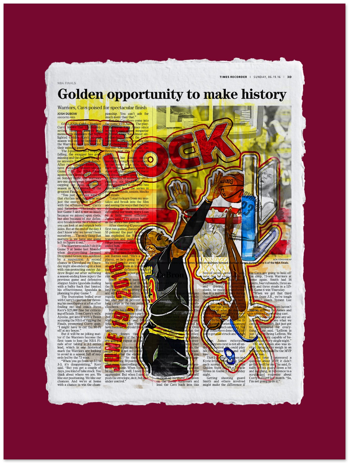 Artistic depiction of a basketball player dunking a hoop on a newspaper background with text.