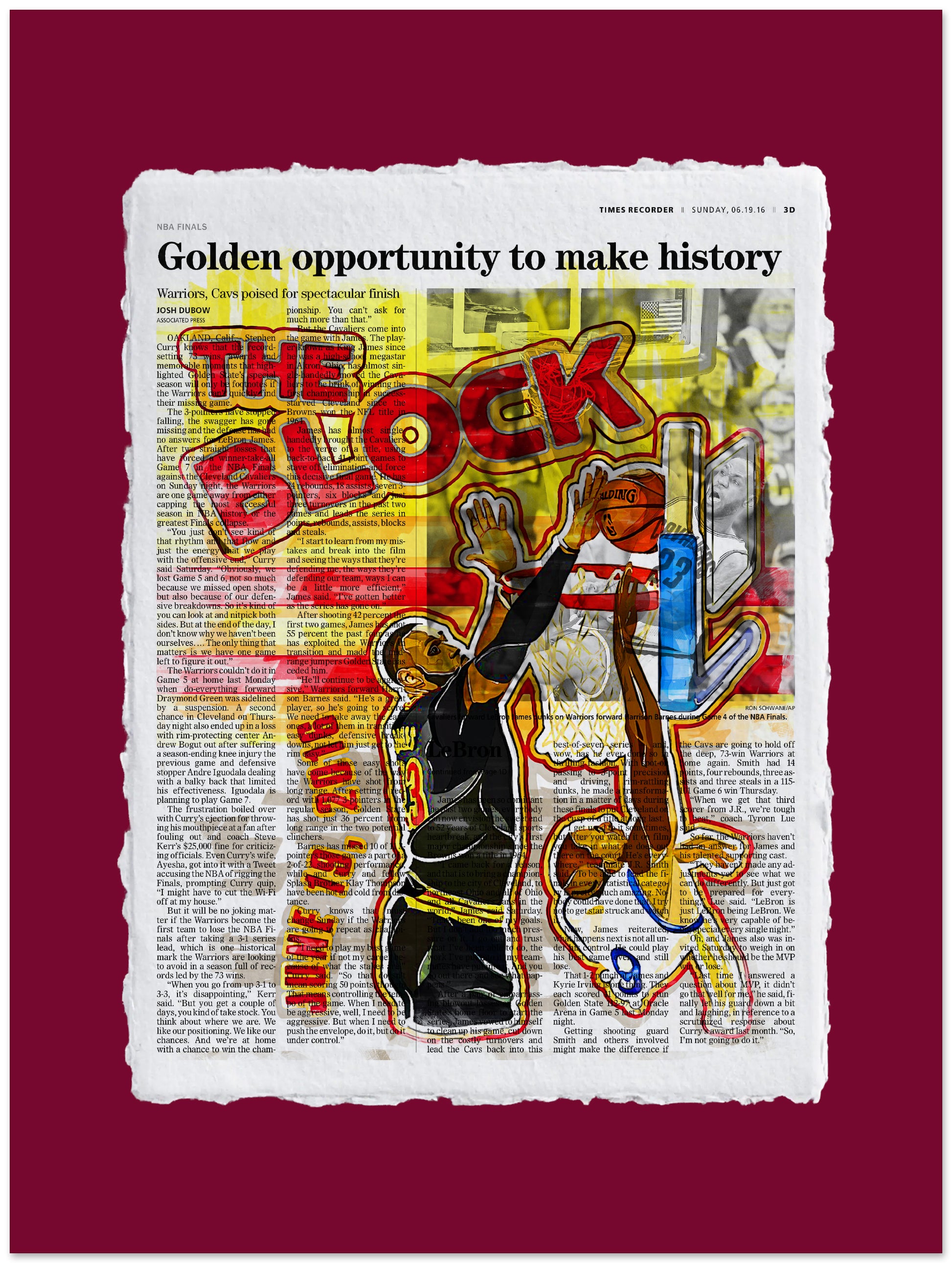 Artistic depiction of a basketball player dunking a hoop on a newspaper background with text.