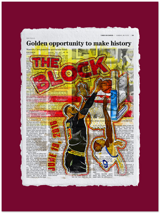 Artistic depiction of a basketball player dunking a hoop on a newspaper background with text.
