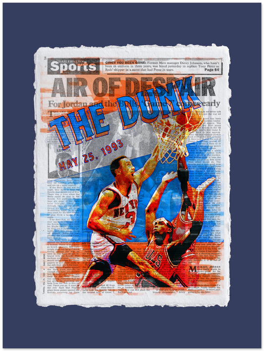 Newspaper-style graphic with basketball players and 'The Dunk' text