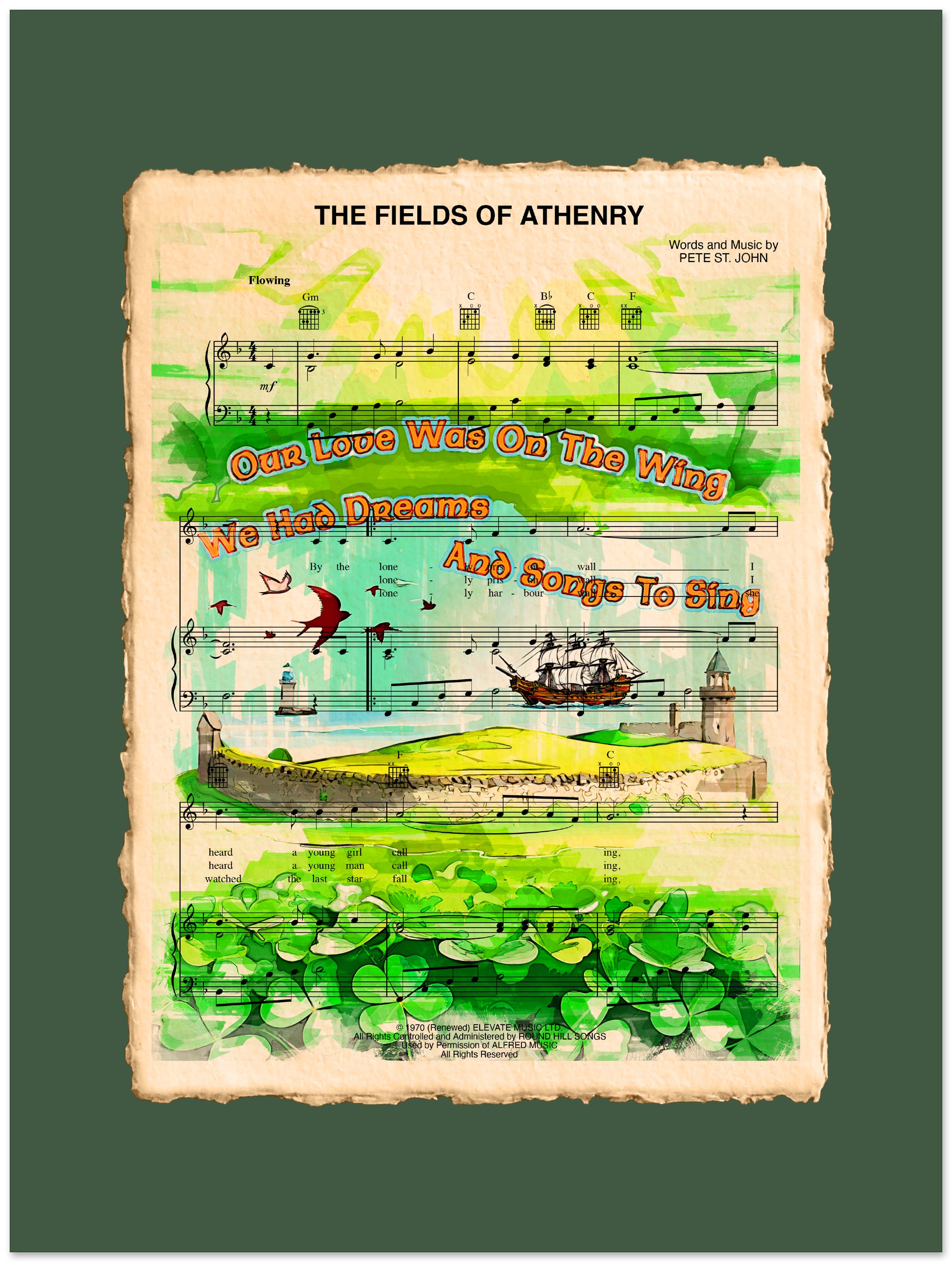 Sheet music for 'The Fields of Athenry' with green landscape illustrations on a green background