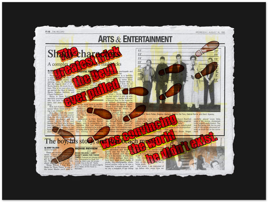 Newspaper with text and footprints on a black background