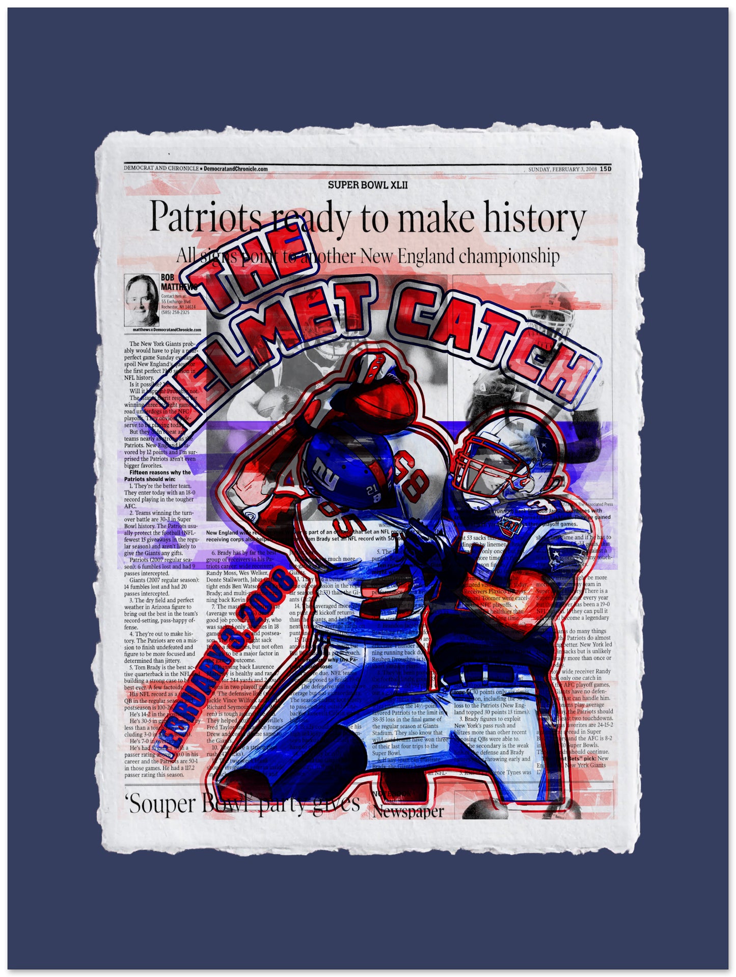 Newspaper-style graphic with football players and 'The Helmet Catch' text on a blue background