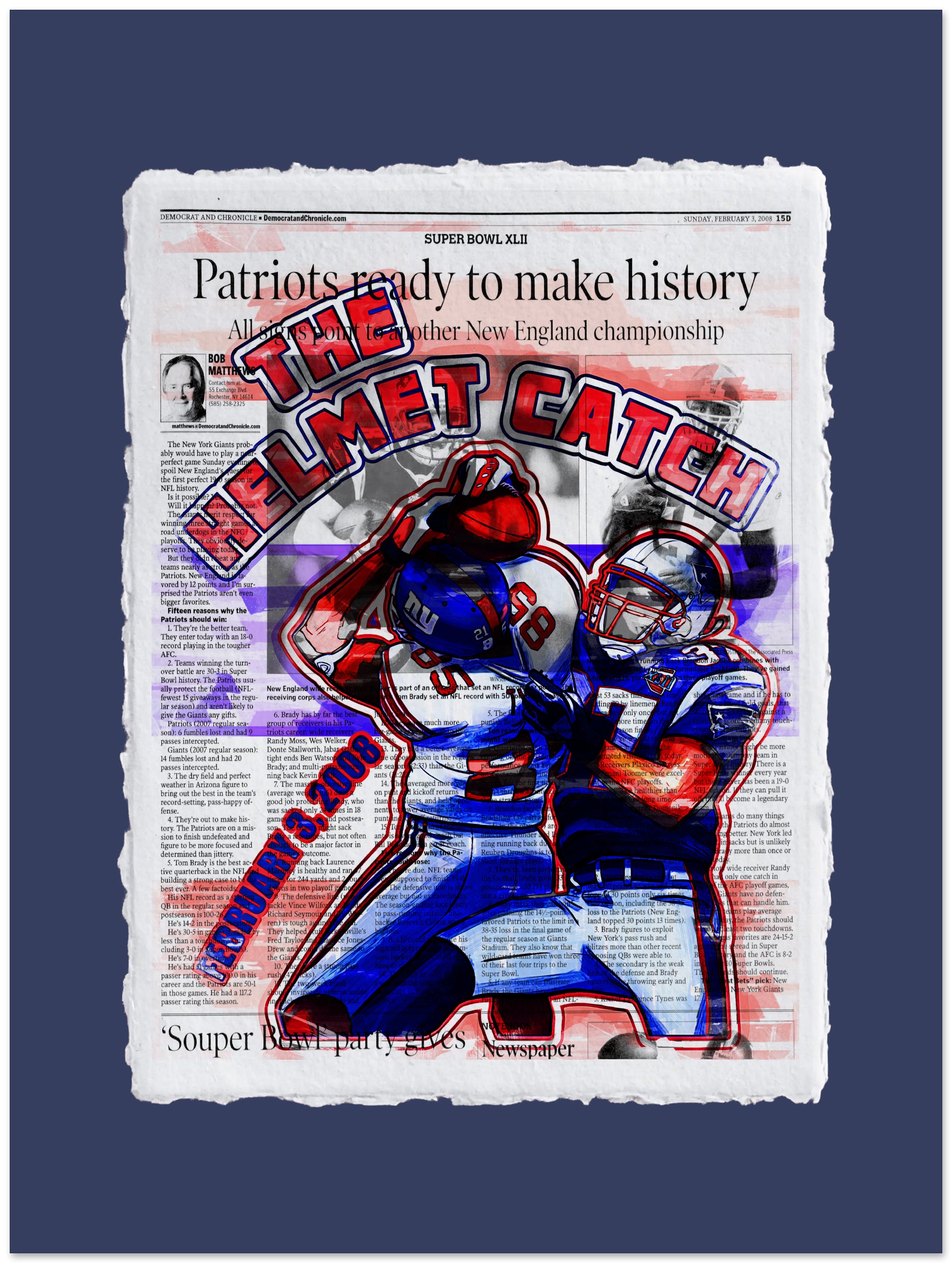 Newspaper-style graphic with football players and 'The Helmet Catch' text on a blue background