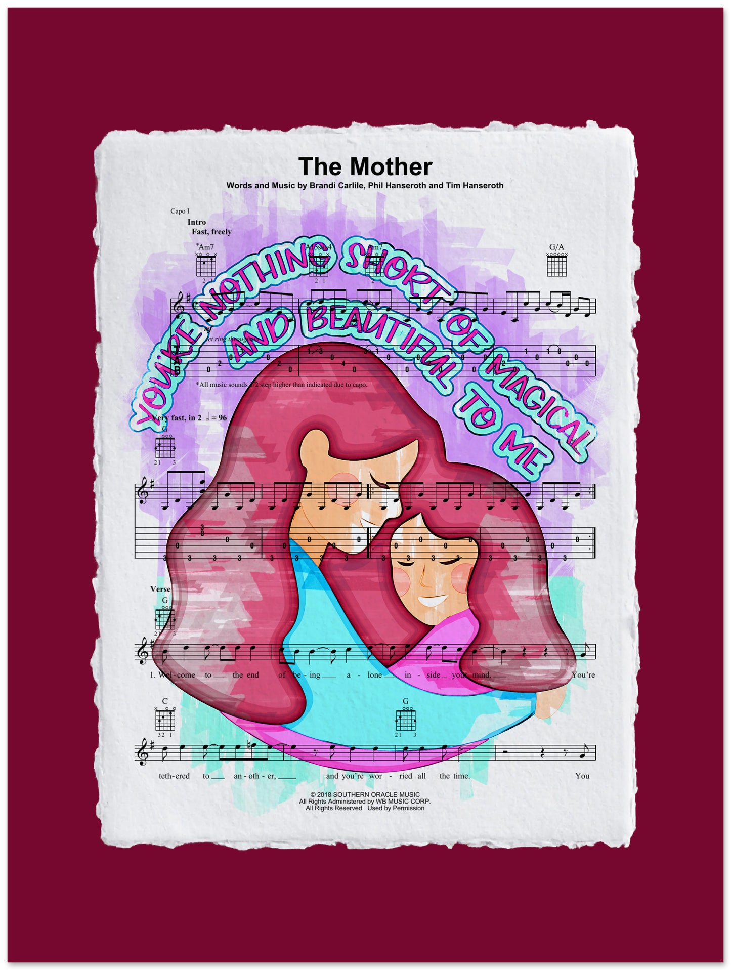 Sheet music with a colorful illustration of a mother and child on a red background