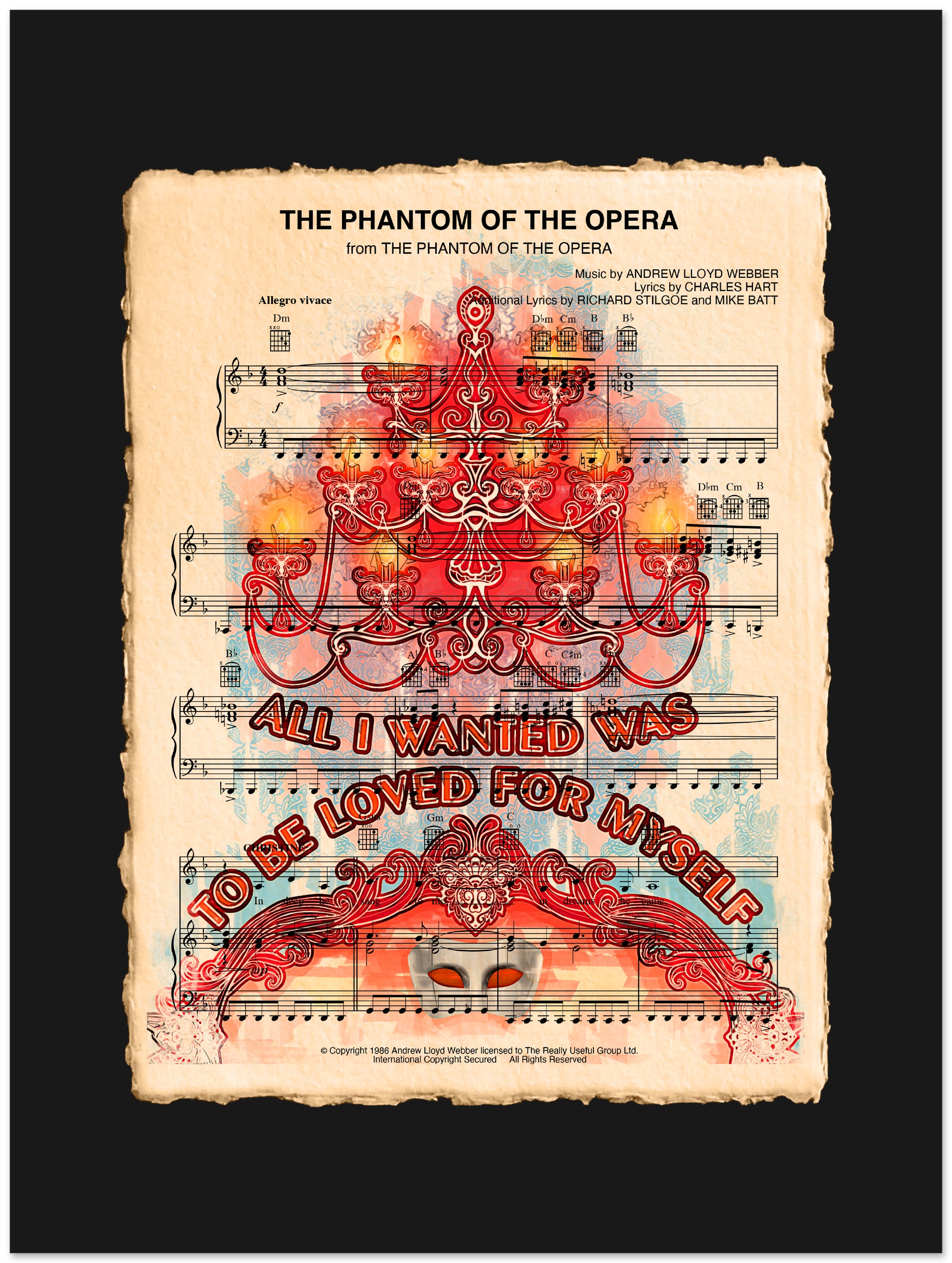 Sheet music cover for 'The Phantom of the Opera' with decorative chandelier design.