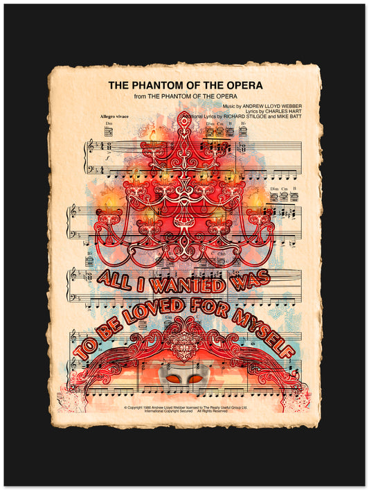 Sheet music cover for 'The Phantom of the Opera' with decorative chandelier design.