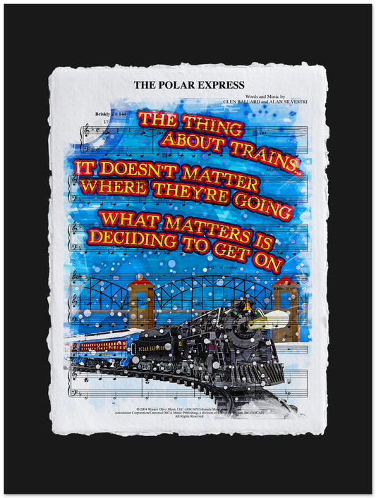 Decorative poster with a train design and text on a sheet music background