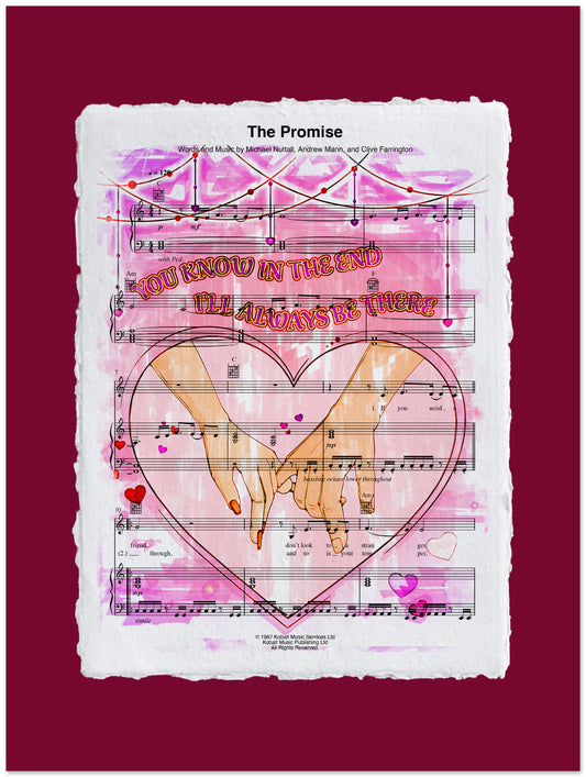 Heart-shaped design with hands holding each other on a sheet music background with text 'The Promise'.