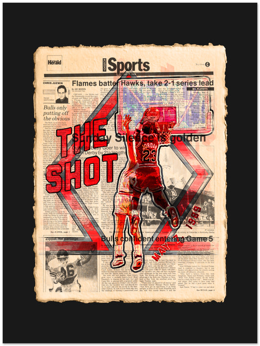 Newspaper with sports section featuring a basketball player and 'The Shot' text.