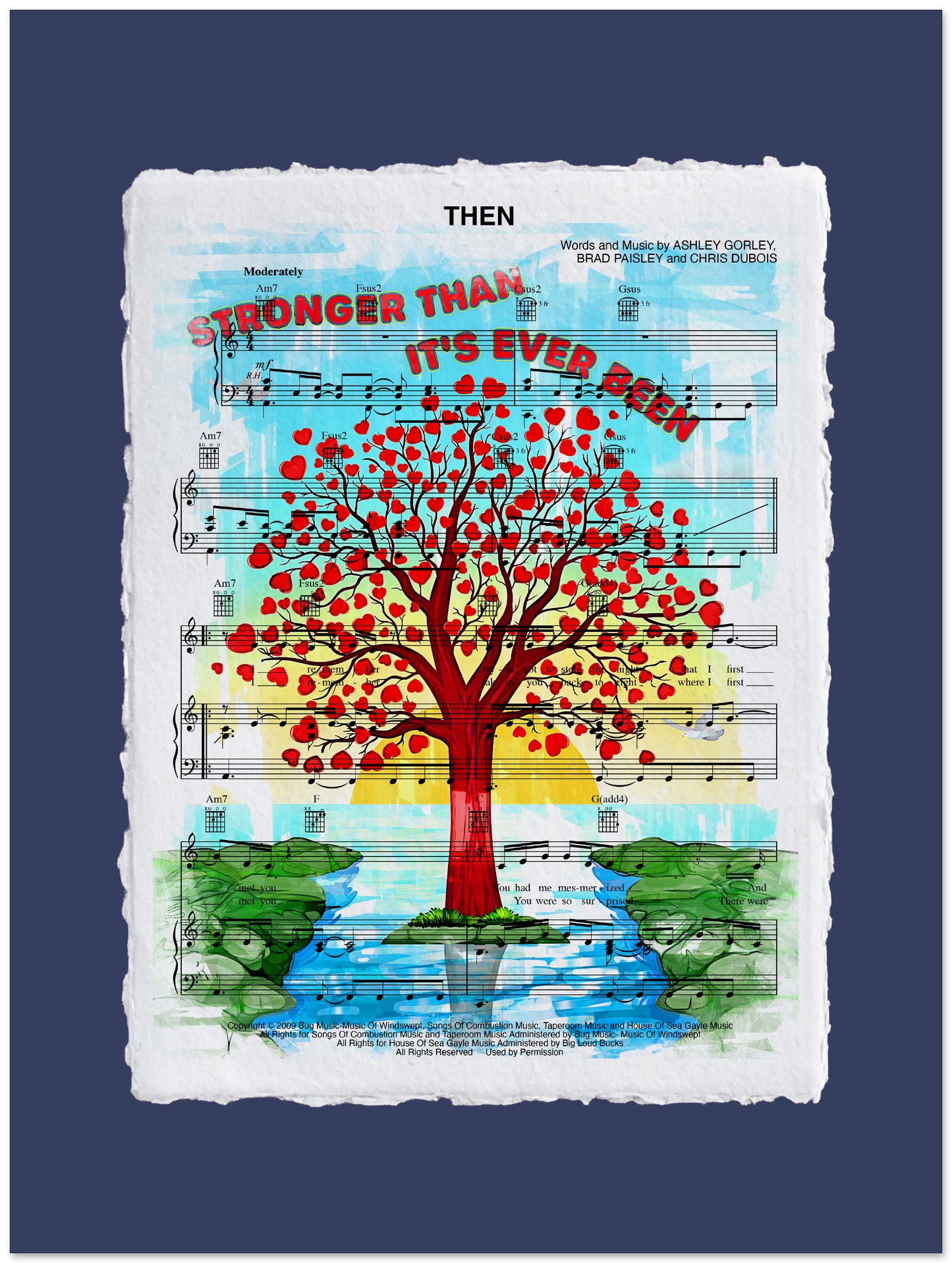 Artistic design with a tree of hearts on sheet music, set against a blue background.