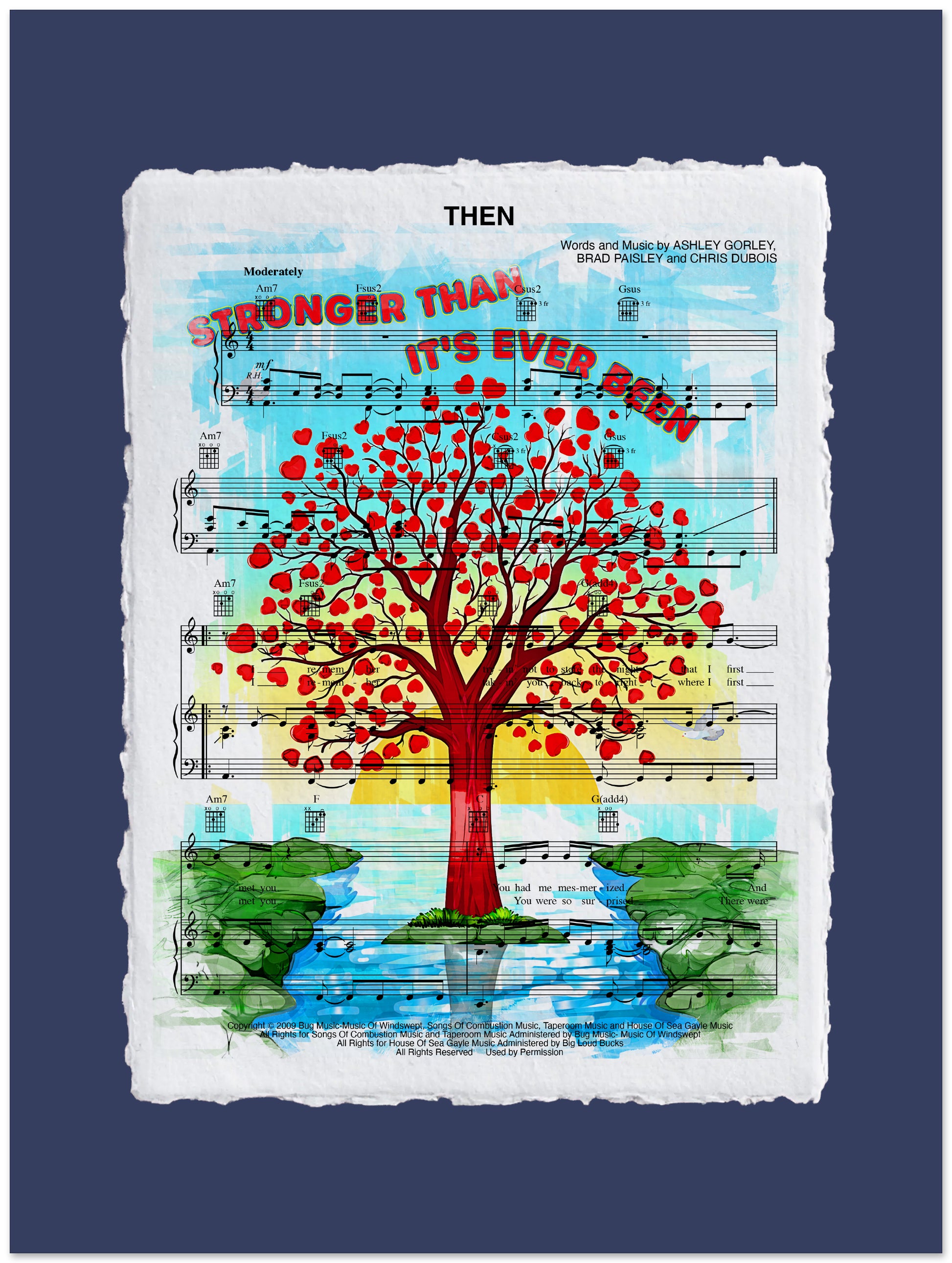 Artistic design with a tree of hearts on sheet music, set against a blue background.