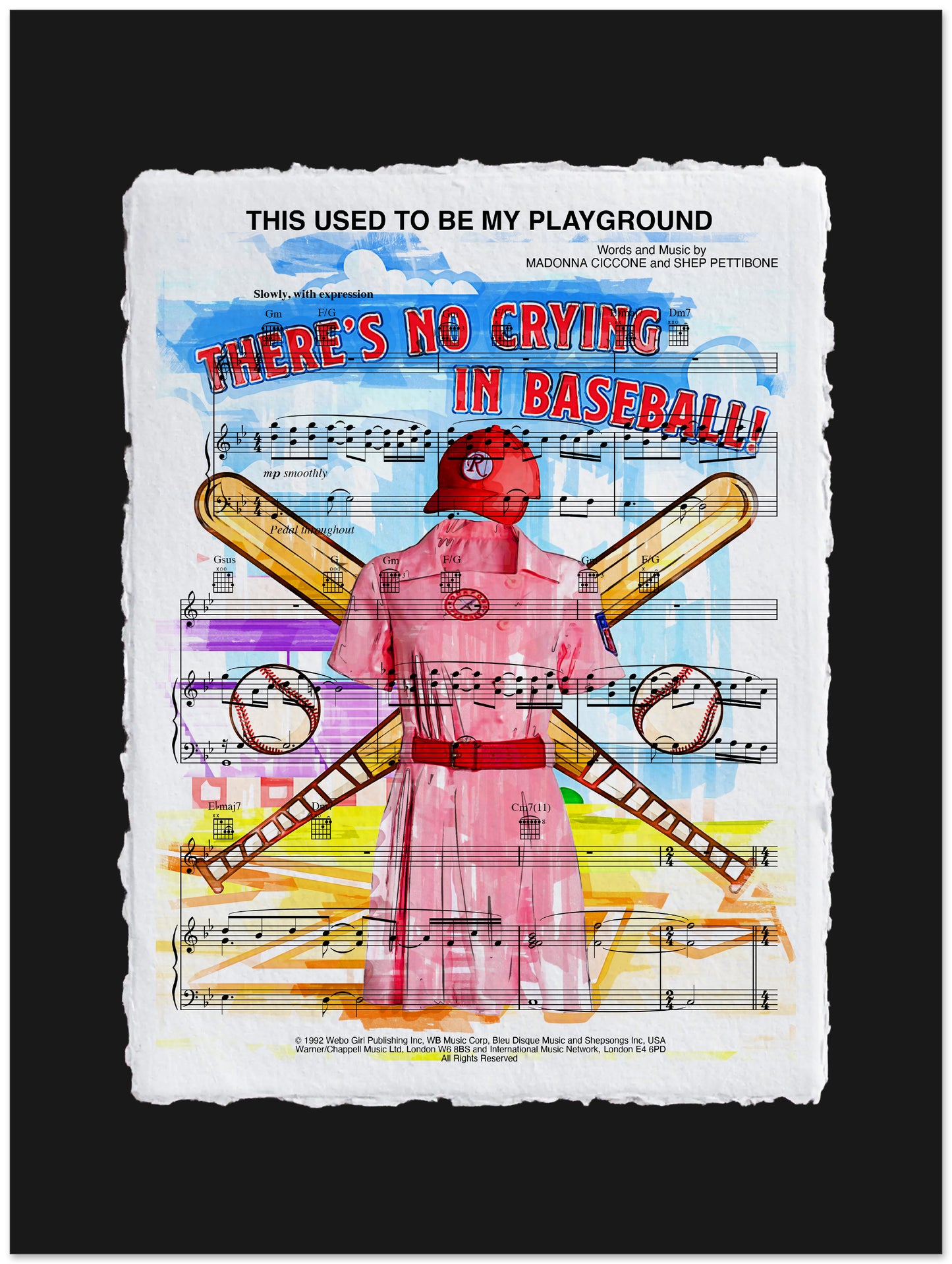 Artistic depiction of a baseball player in a pink uniform with text and musical notes on a black background