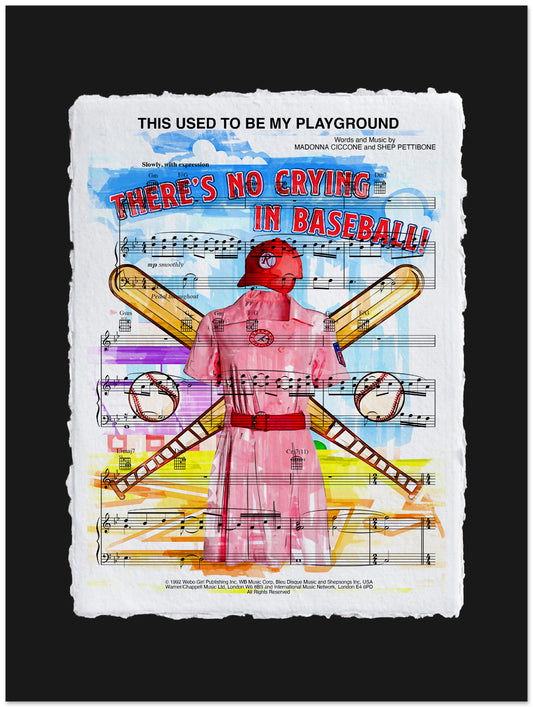 Artistic depiction of a baseball player in a pink uniform with text and musical notes on a black background