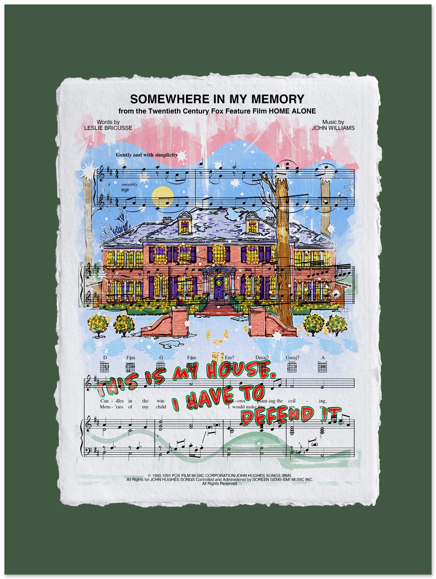 Sheet music cover with a colorful illustration of a house and text, featuring the movie 'Home Alone'.
