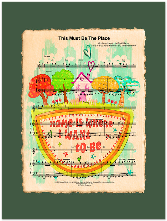 Sheet music with colorful illustration of a house, trees, and text on a green background