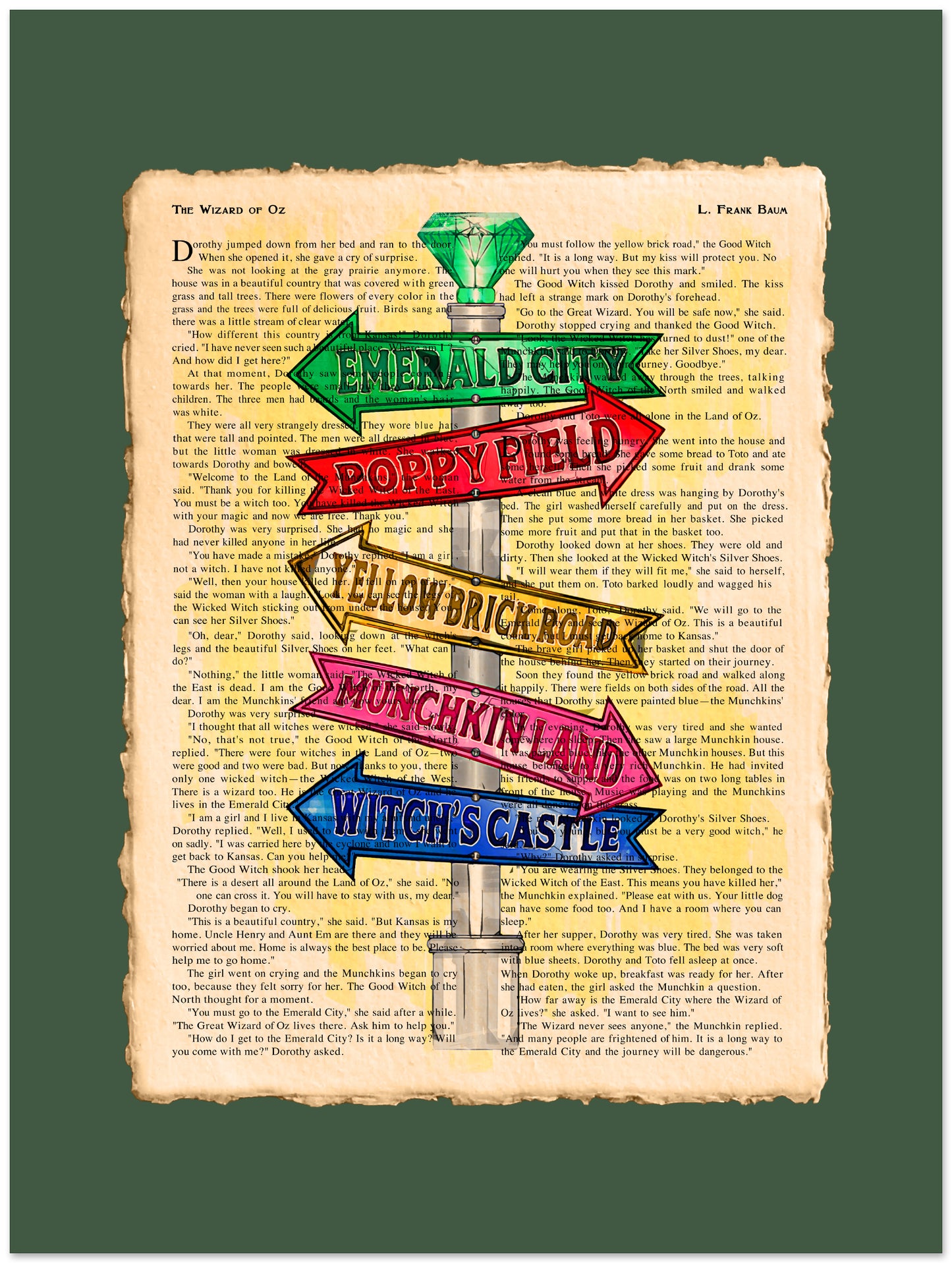 Colorful signpost with directional arrows on a text background