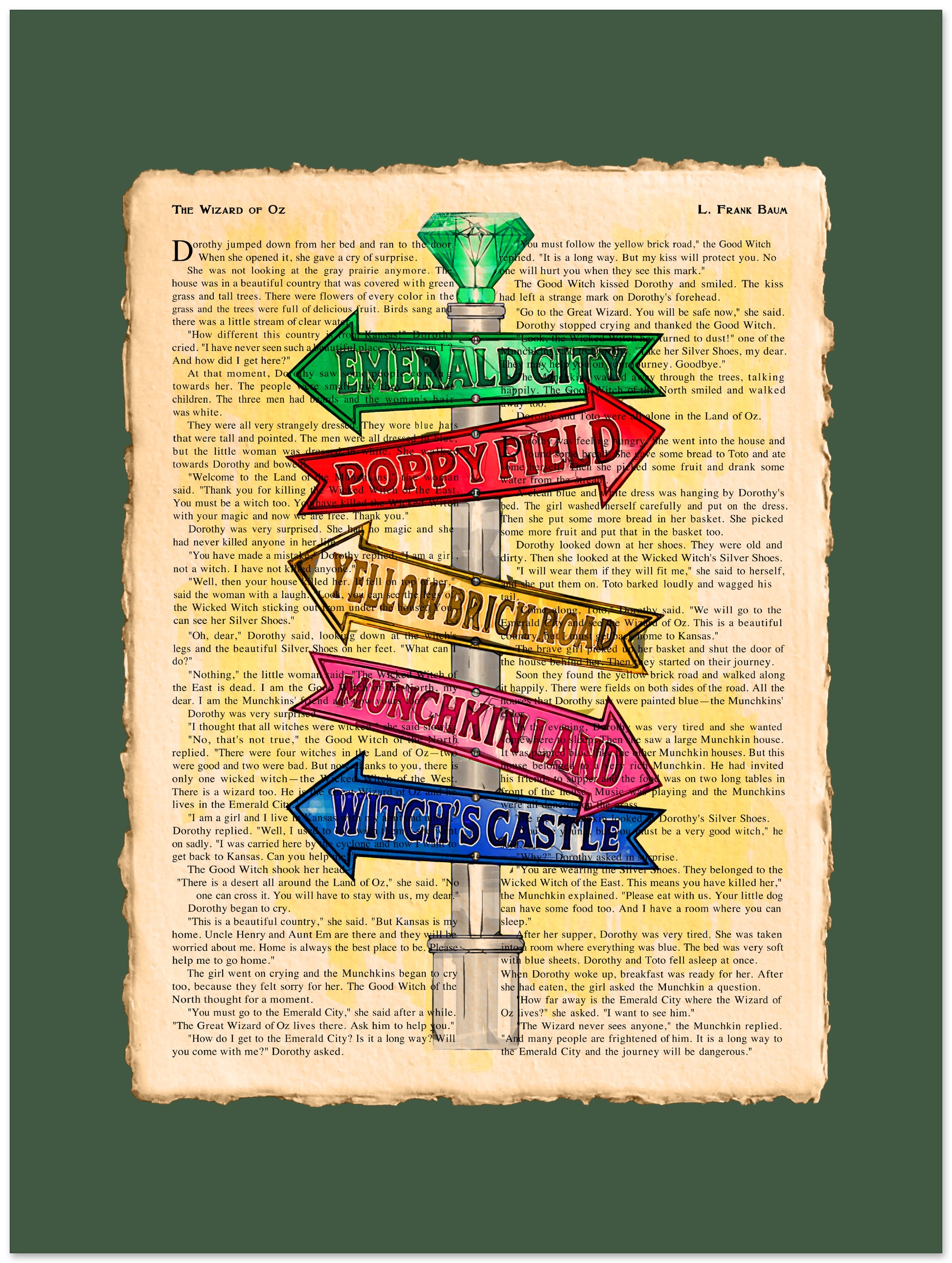 Colorful signpost with directional arrows on a text background